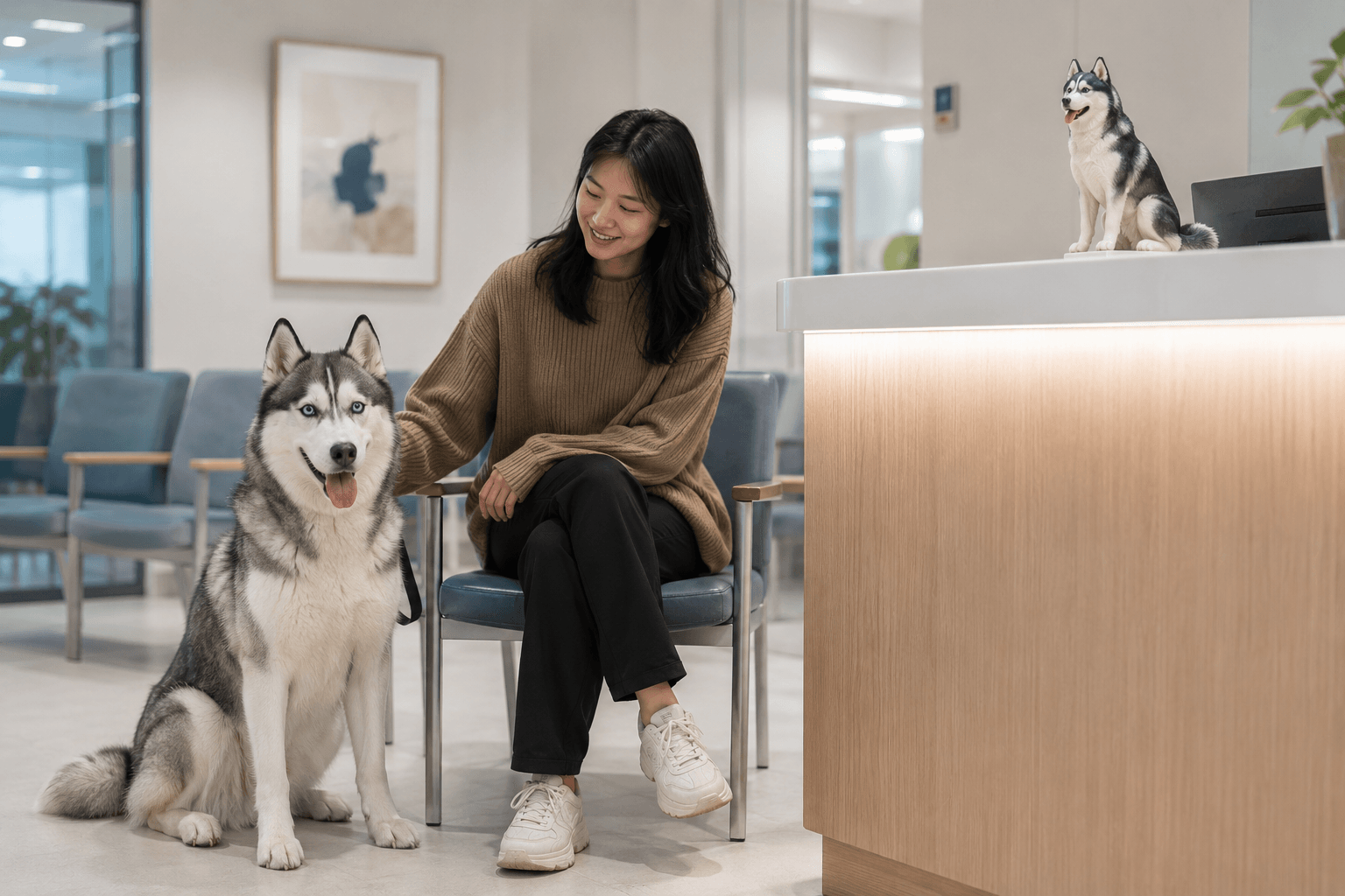 Calm adult Husky sitting beside owner in a modern vet waiting room with a full-color 3D printed resin figurine of a Husky on the reception desk