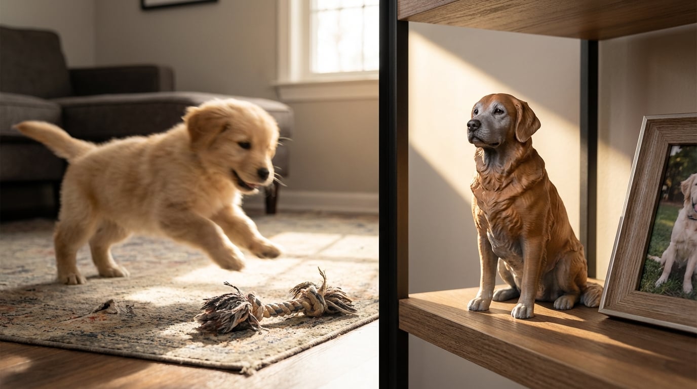 A memorial figurine on a shelf overlooking a new puppy playing on the floor.