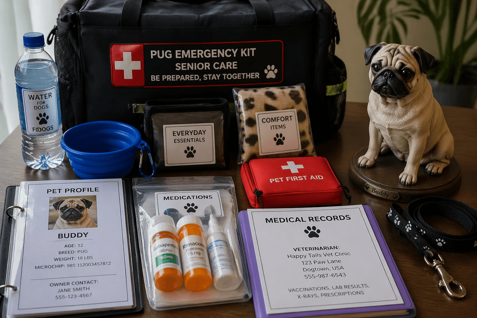 Senior Pug disaster preparedness kit with figurine and medical supplies