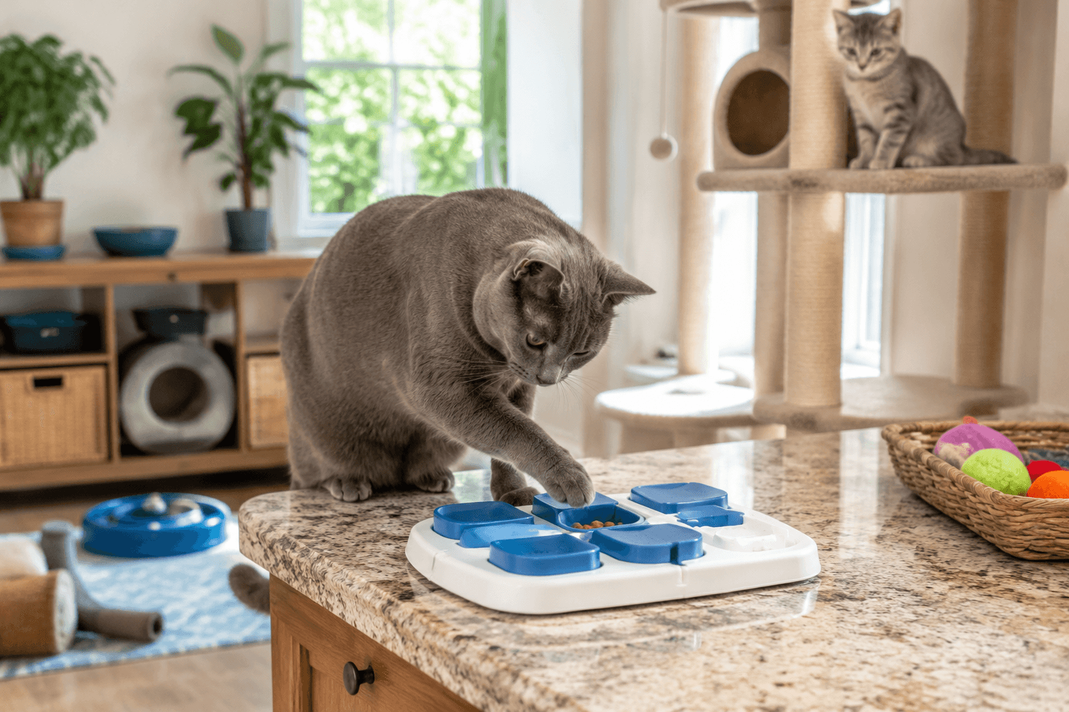 Senior Russian Blue cat using a puzzle feeder on a kitchen counter while a younger cat watches from a cat tree in a bright home