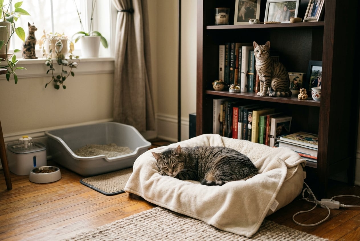 Senior cat comfort setup with heated bed and a full-color 3D printed Tabby Cat figurine on bookshelf, real senior Tabby sleeping