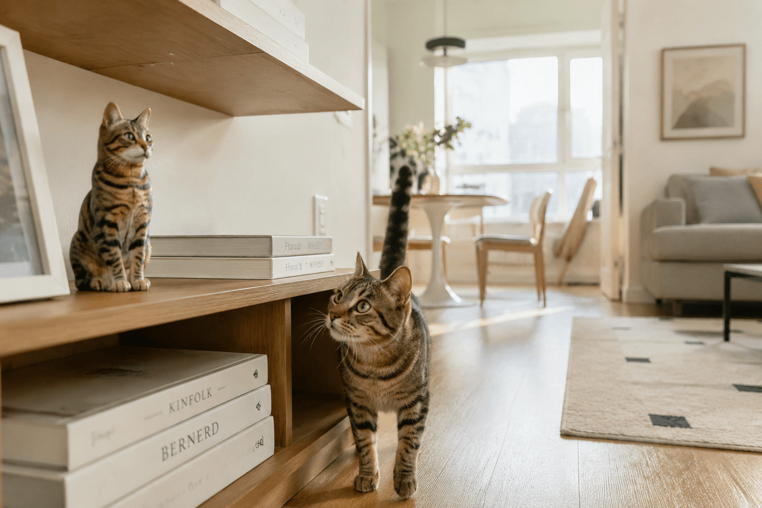 Tabby cat exploring a sunlit minimalist apartment with its full-color resin figurine on a bookshelf