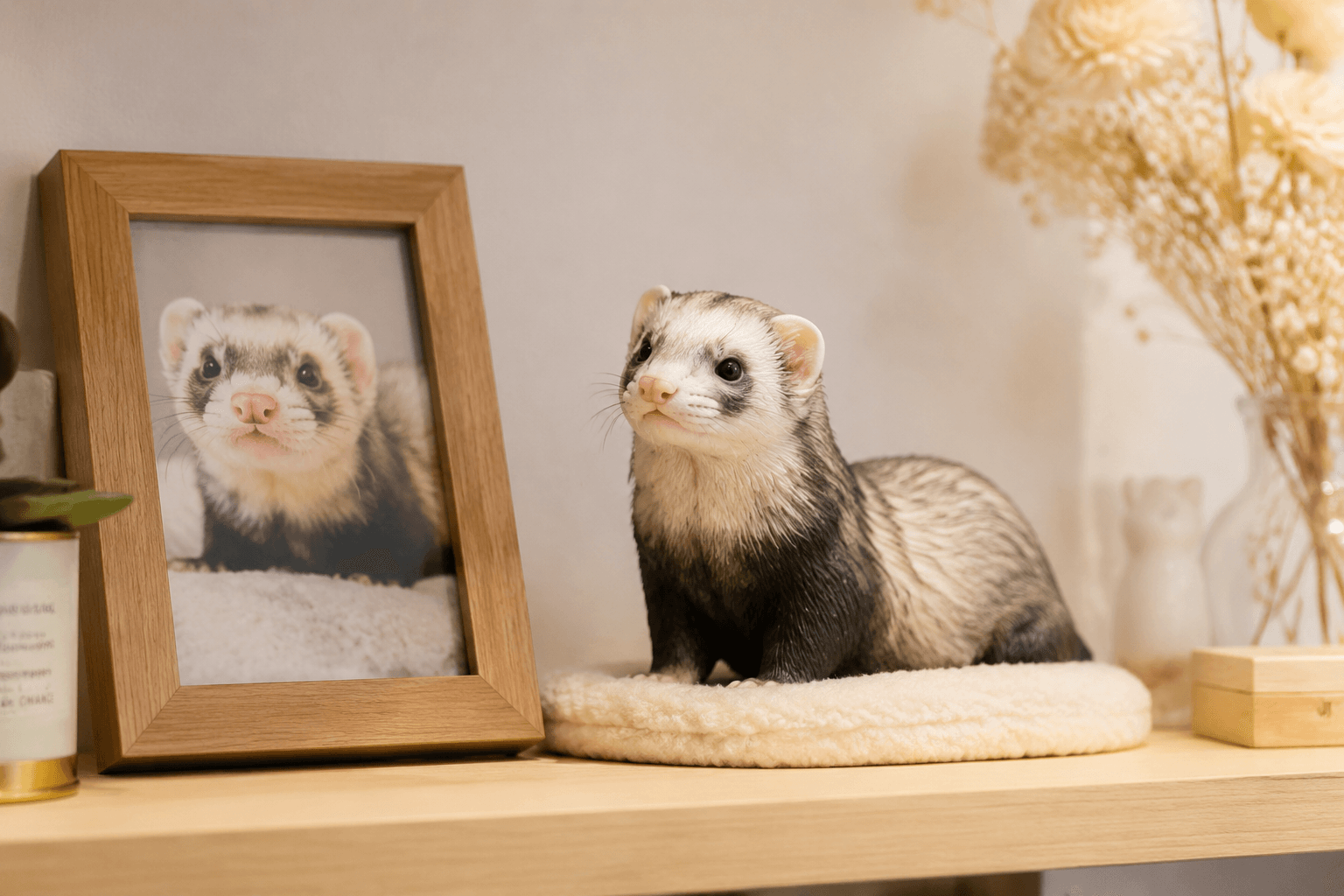 Full-color resin figurine of a ferret beside a small framed photo on a minimalist shelf in warm light