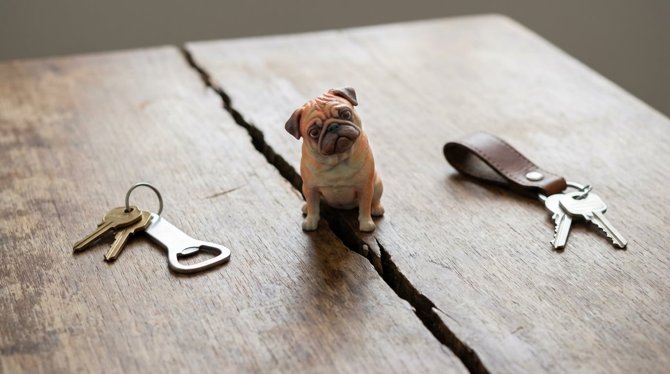 A Pug figurine sitting between two sets of house keys.