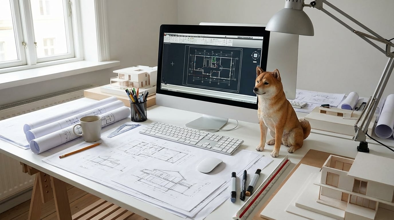 Shiba Inu figurine on an architect's desk