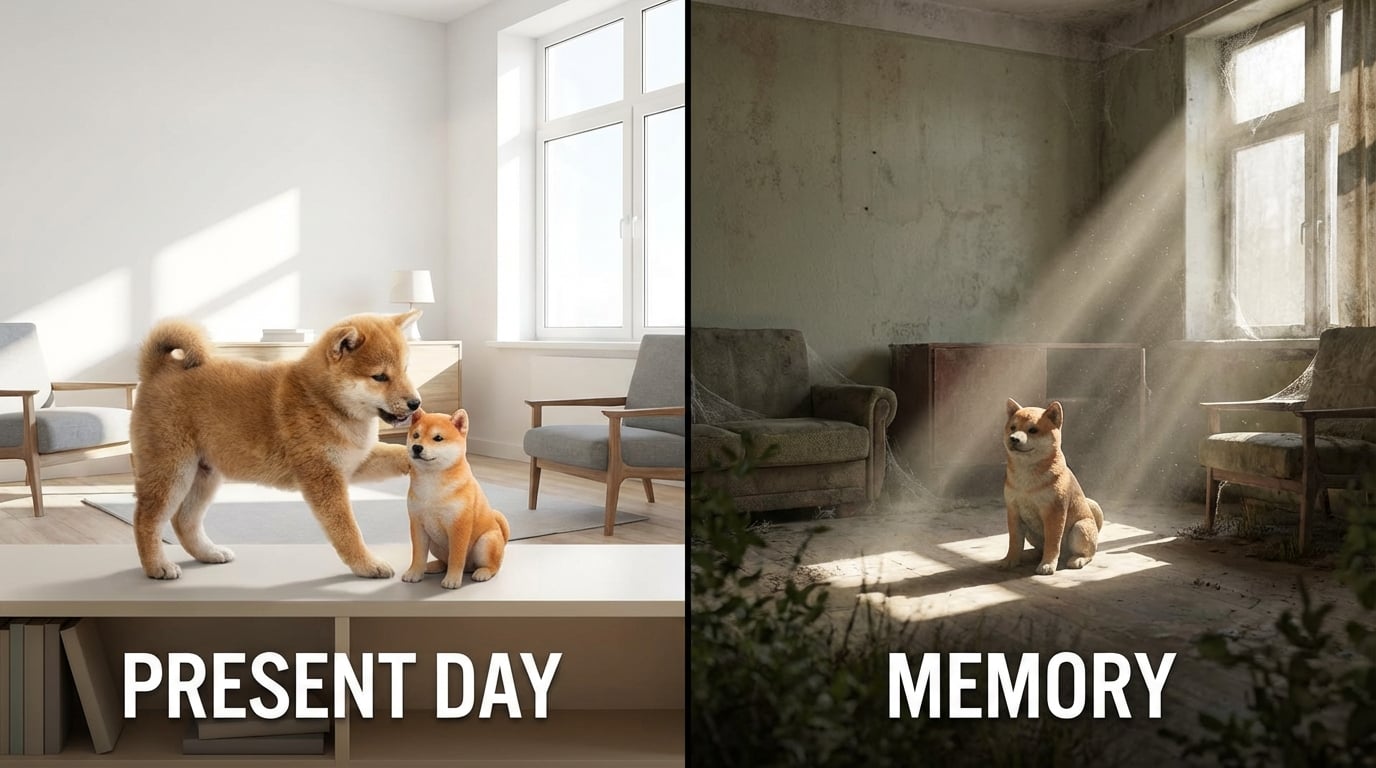 Split screen timeline of a room with Shiba Inu and figurine