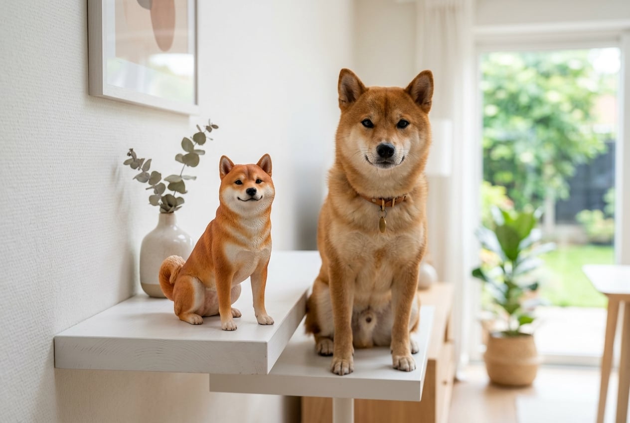 Full-color 3D printed resin Shiba Inu figurine on a minimalist white shelf with a real Shiba Inu matching its confident pose