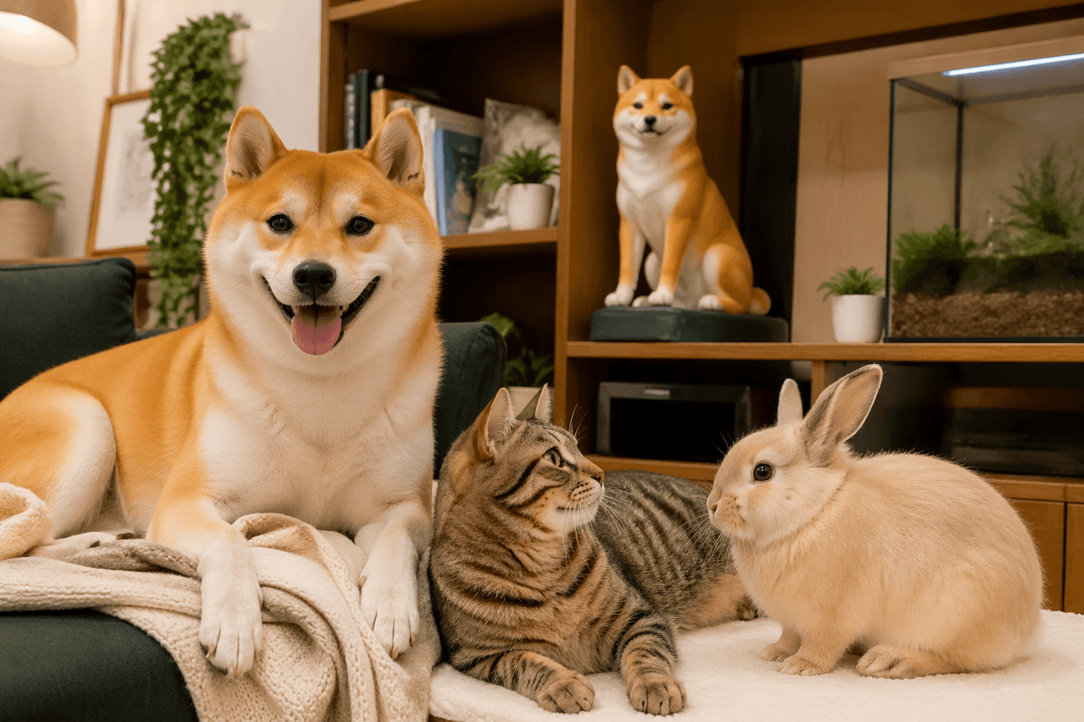 Multi-pet household with Shiba Inu and figurine showing enrichment