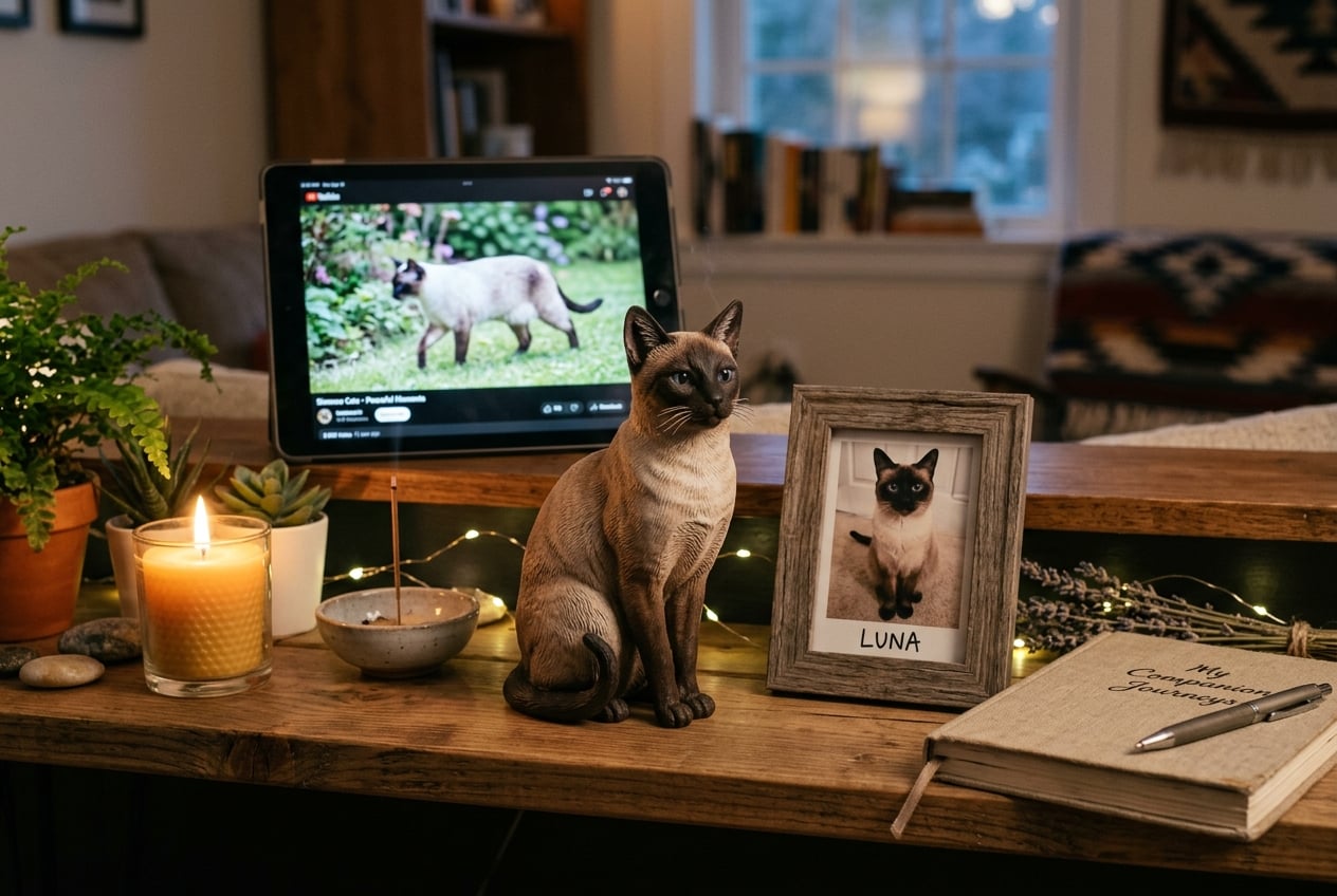 Home altar with Siamese cat figurine, photo, and journal in candlelight