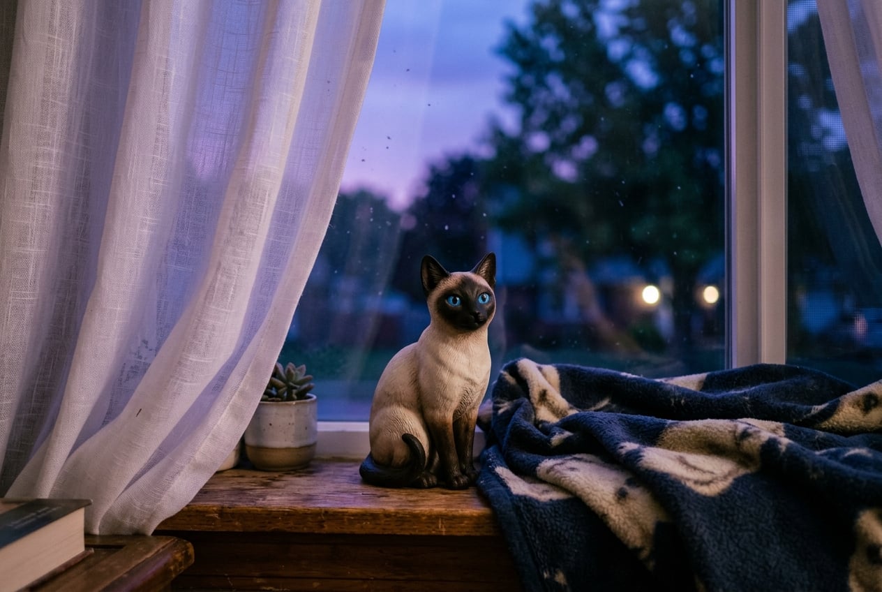 Full-color 3D printed resin figurine of a Siamese cat on a windowsill at dusk beside a folded blanket in soft twilight light