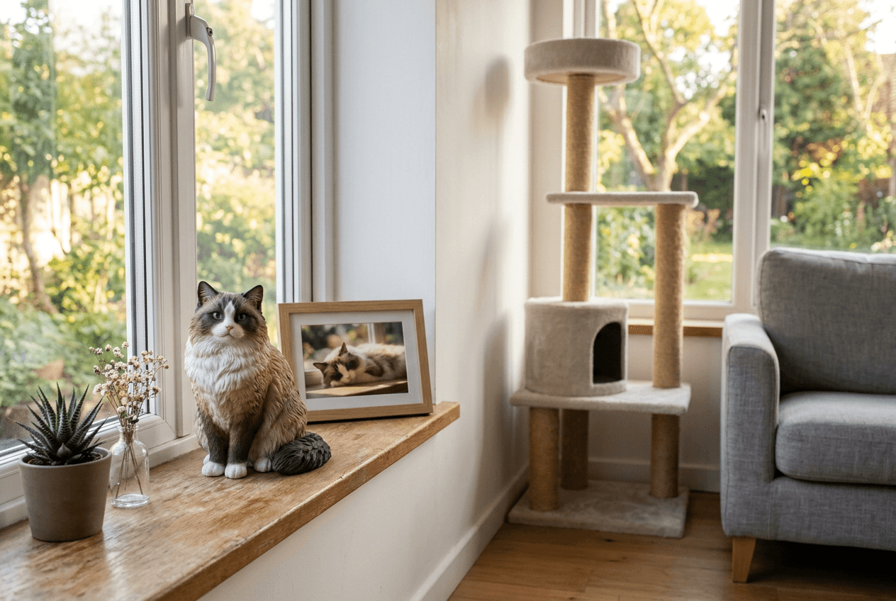 Ragdoll cat 3D figurine on windowsill with empty cat tree and photo of real cat in same spot
