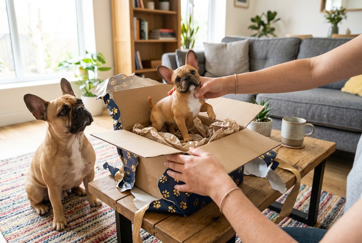 Gift box being opened to reveal a full-color 3D printed resin French Bulldog figurine while a real French Bulldog watches nearby