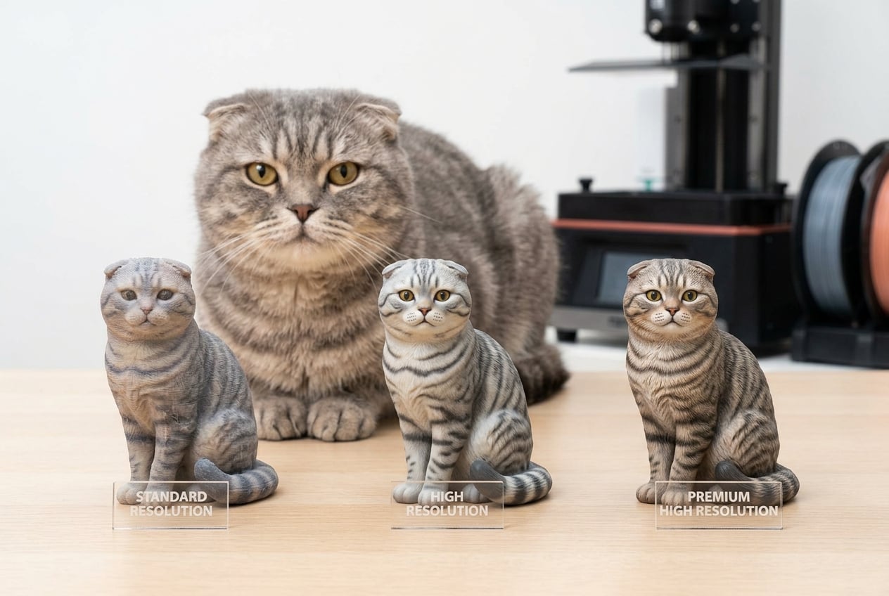 Three 3D printed resin Scottish Fold figurines showing different print technologies on a white surface with a real Scottish Fold behind them