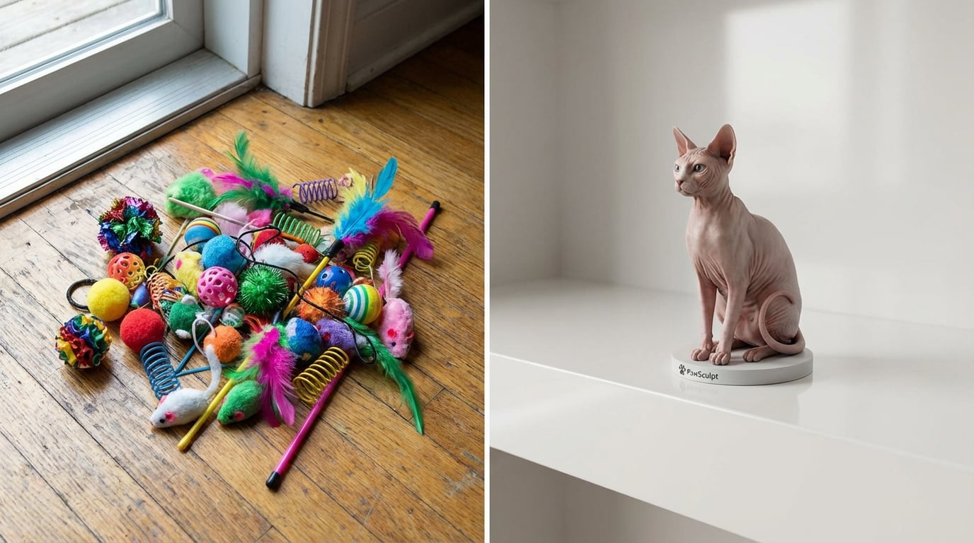 Sphynx cat figurine contrasted with cheap plastic toys