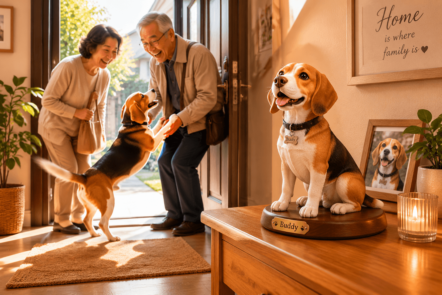Beagle greeting older in-laws at a doorway with its full-color resin figurine on the entry table
