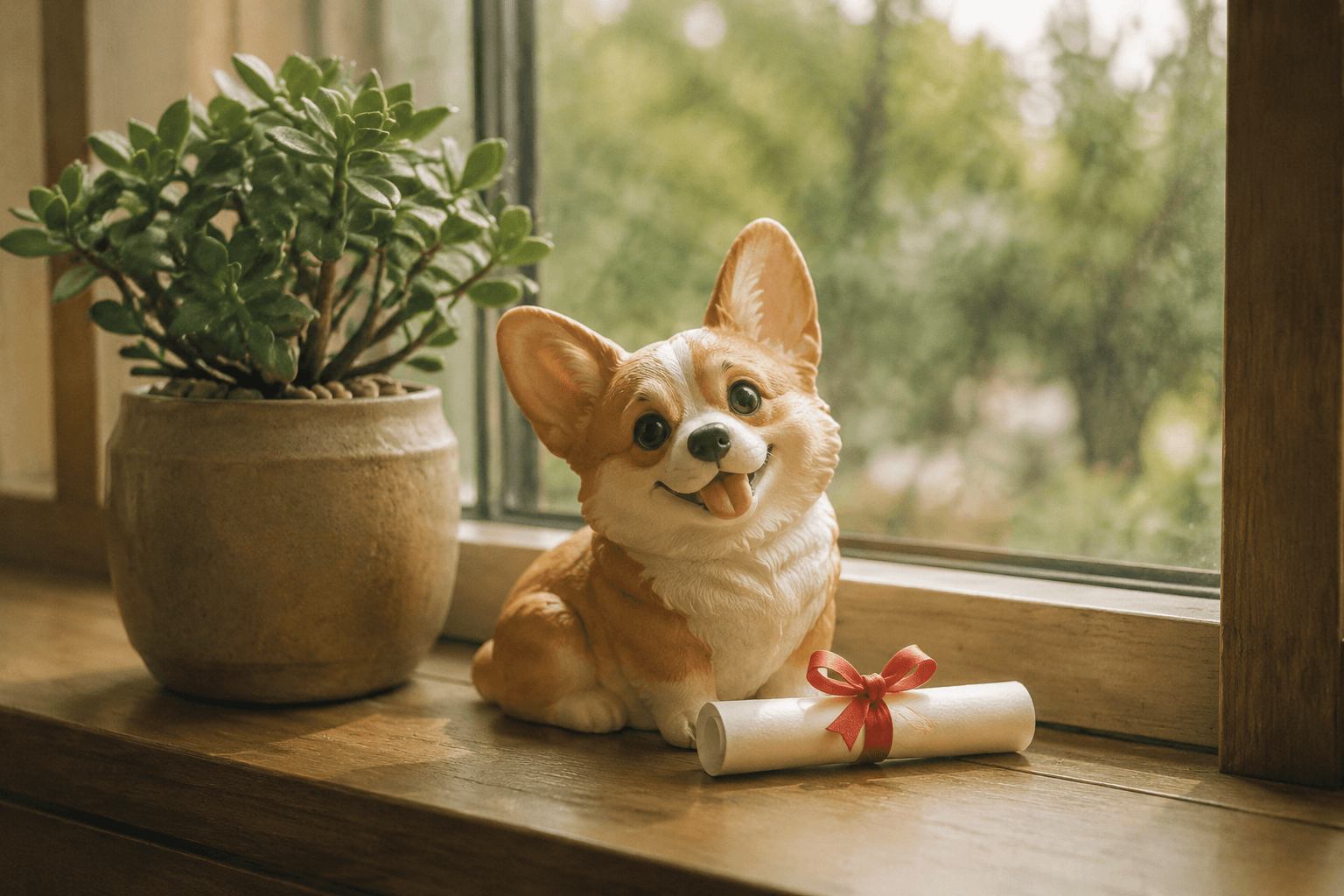 Corgi figurine sitting beside a rolled graduation diploma