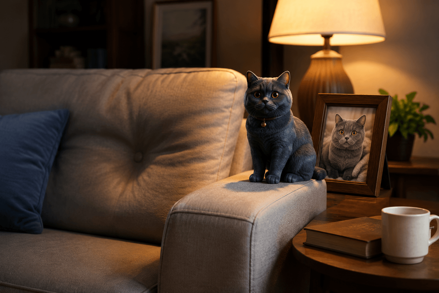 A favorite couch spot with a British Shorthair's full-color resin figurine on the armrest in warm evening light