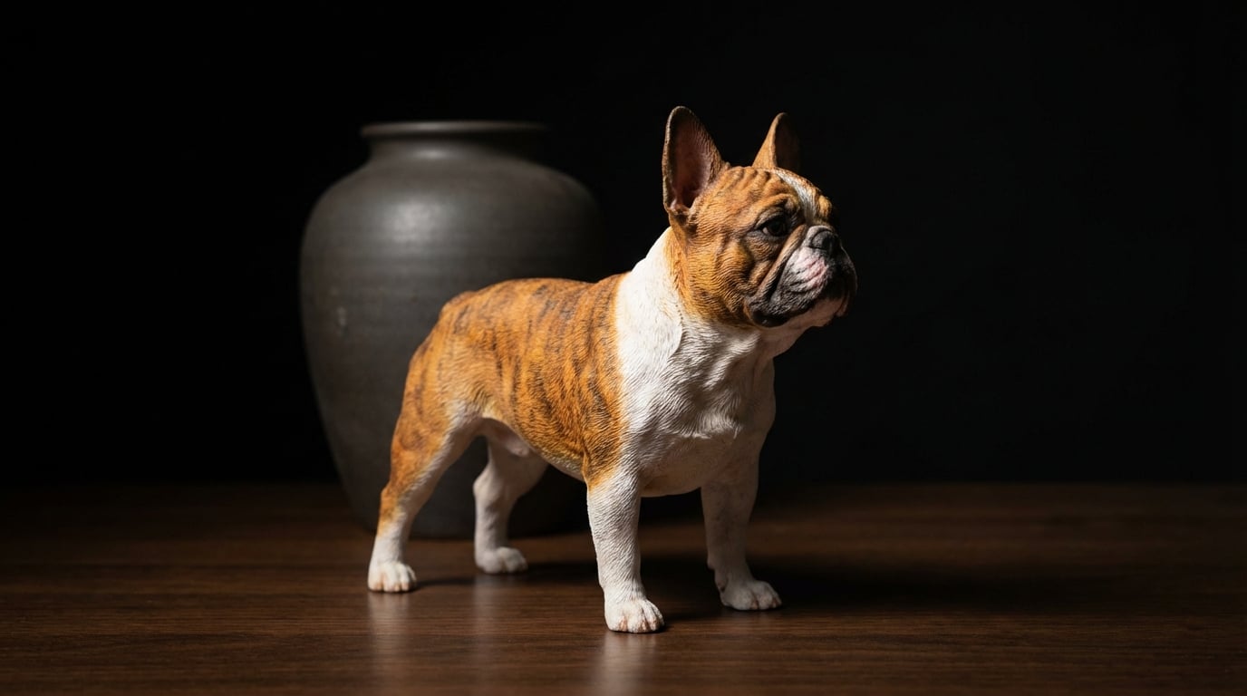 Contrast between a grey urn and a colorful French Bulldog figurine