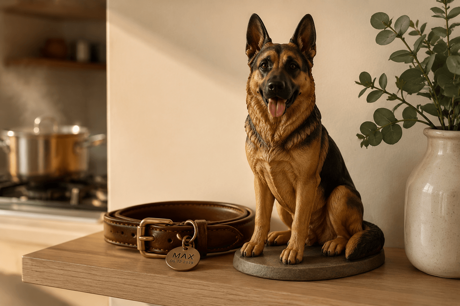 German Shepherd's collar coiled beside its full-color resin figurine on a warmly lit kitchen shelf