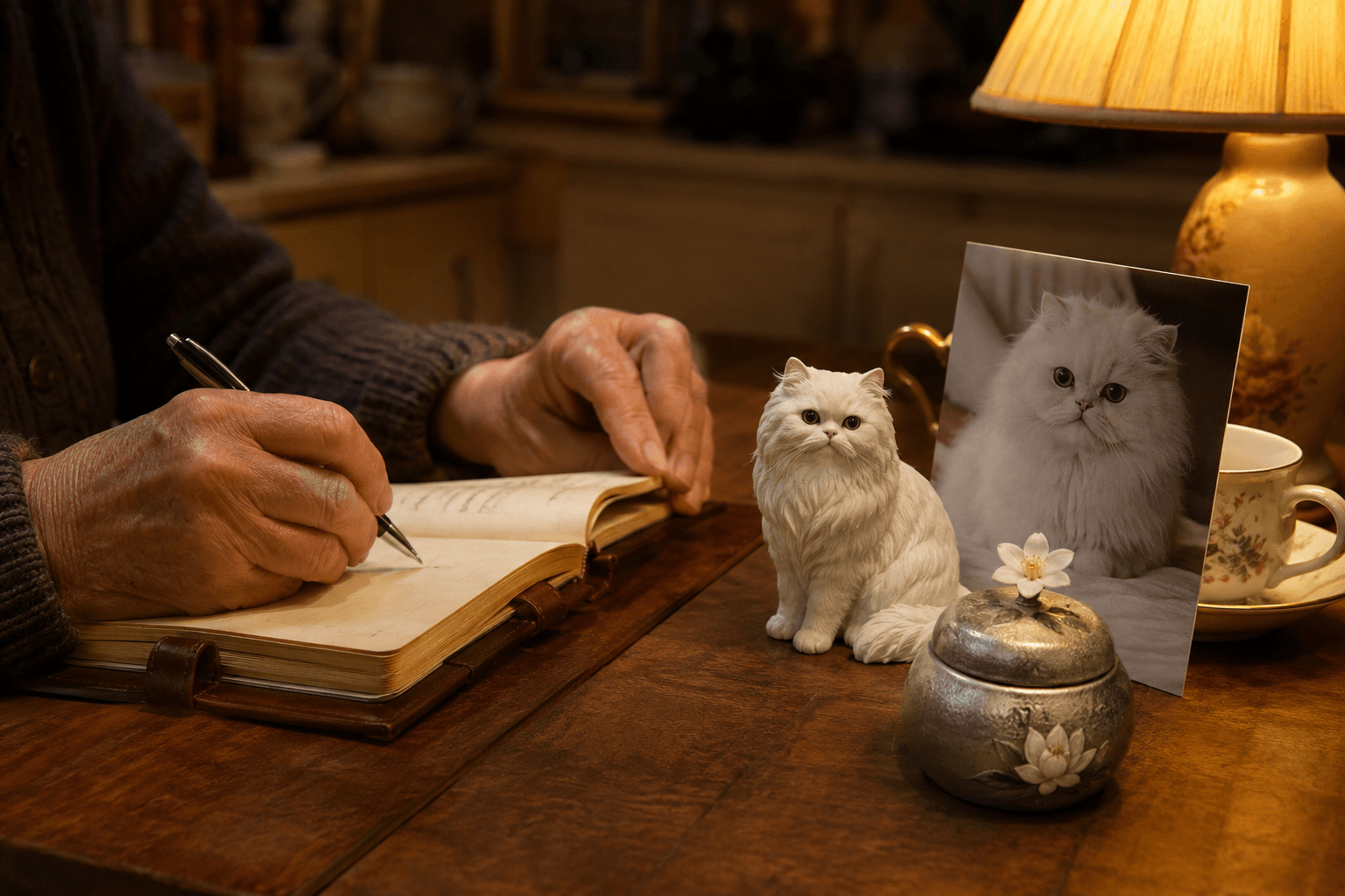 Elderly hands writing in journal at night with Persian cat ashes container, full-color 3D printed resin Persian figurine, and cat photo nearby