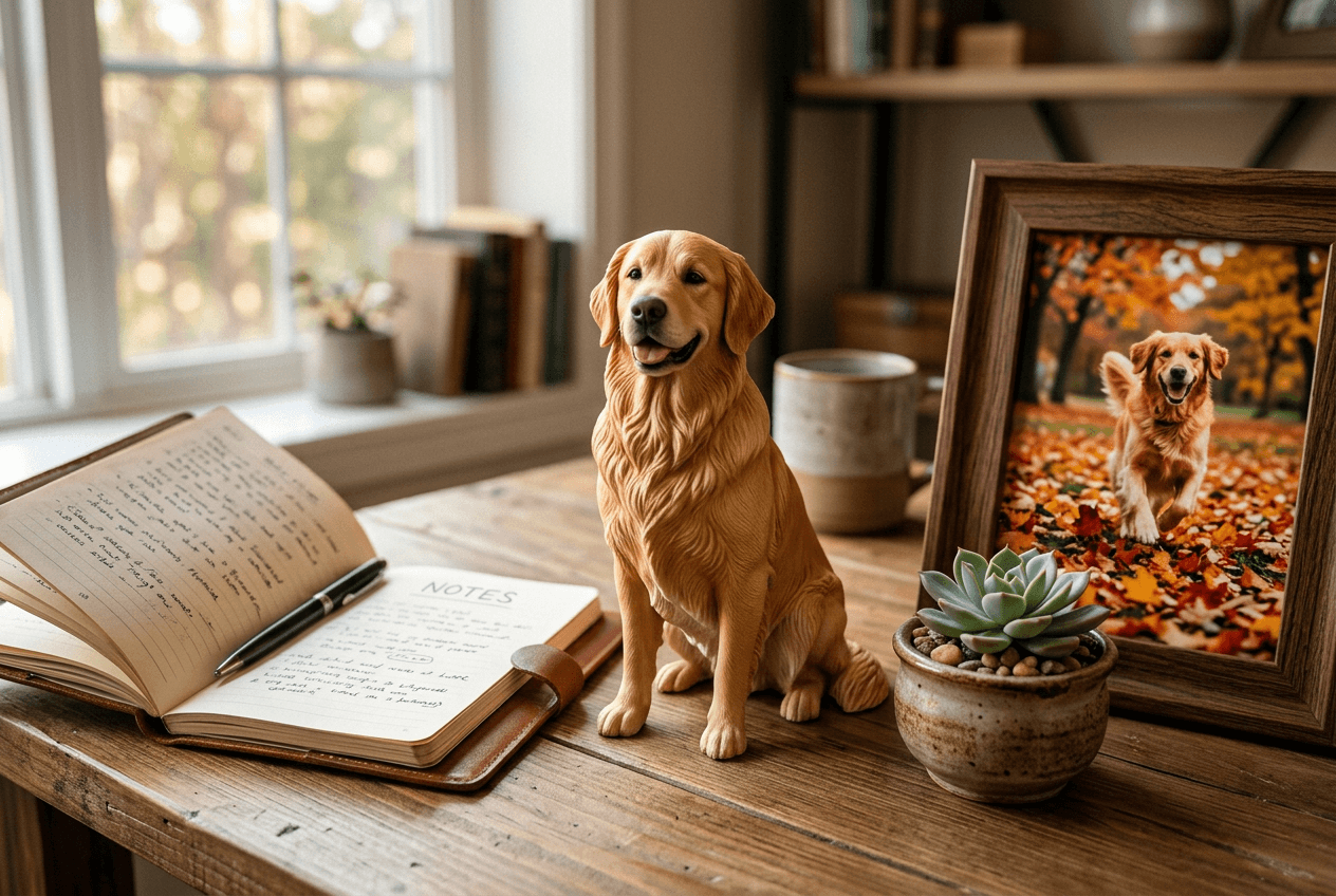 Golden Retriever 3D printed figurine on desk next to journal and photo of real dog in autumn setting
