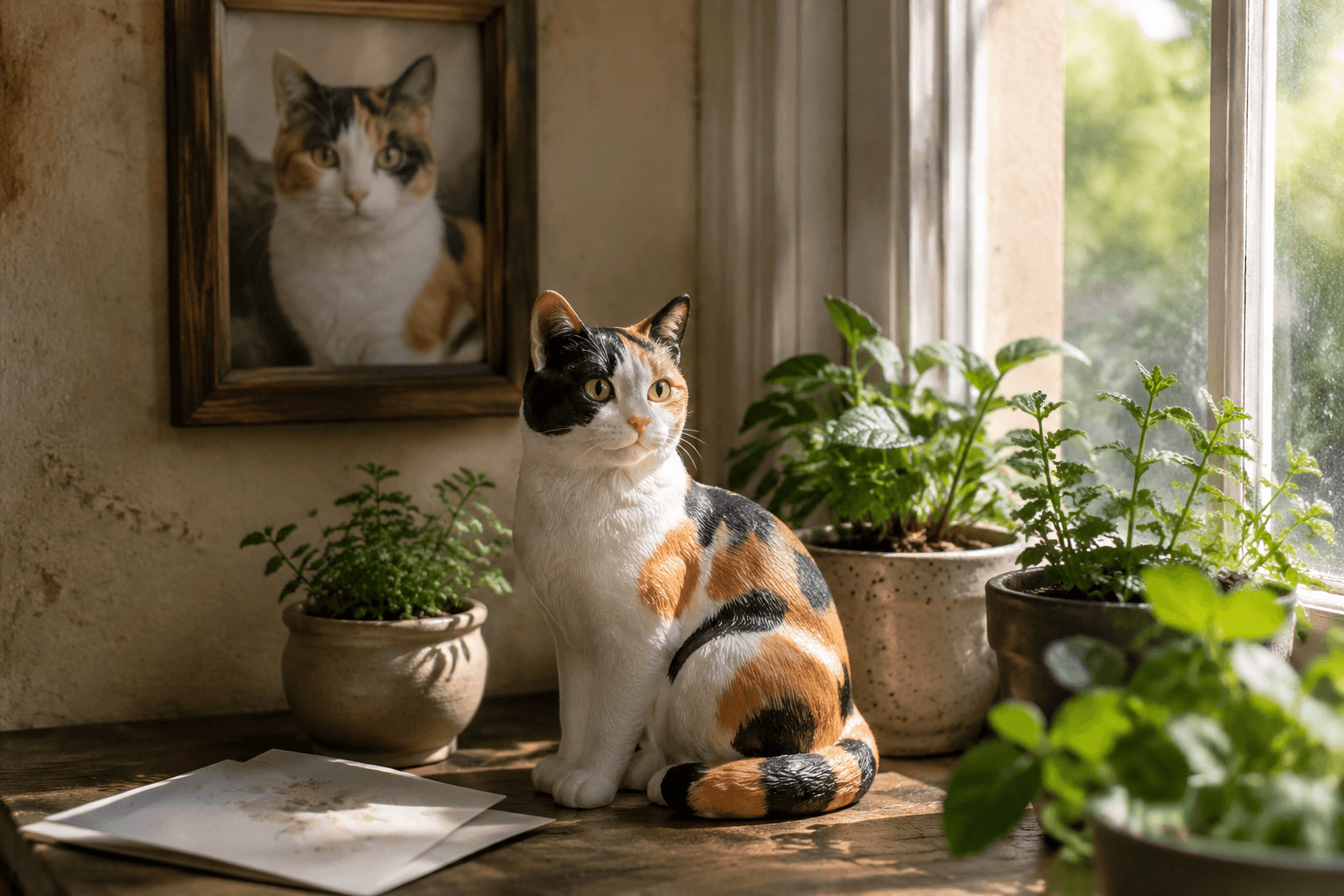 Full-color 3D printed resin Calico cat figurine on a windowsill herb garden with afternoon light and a framed cat photo on the wall