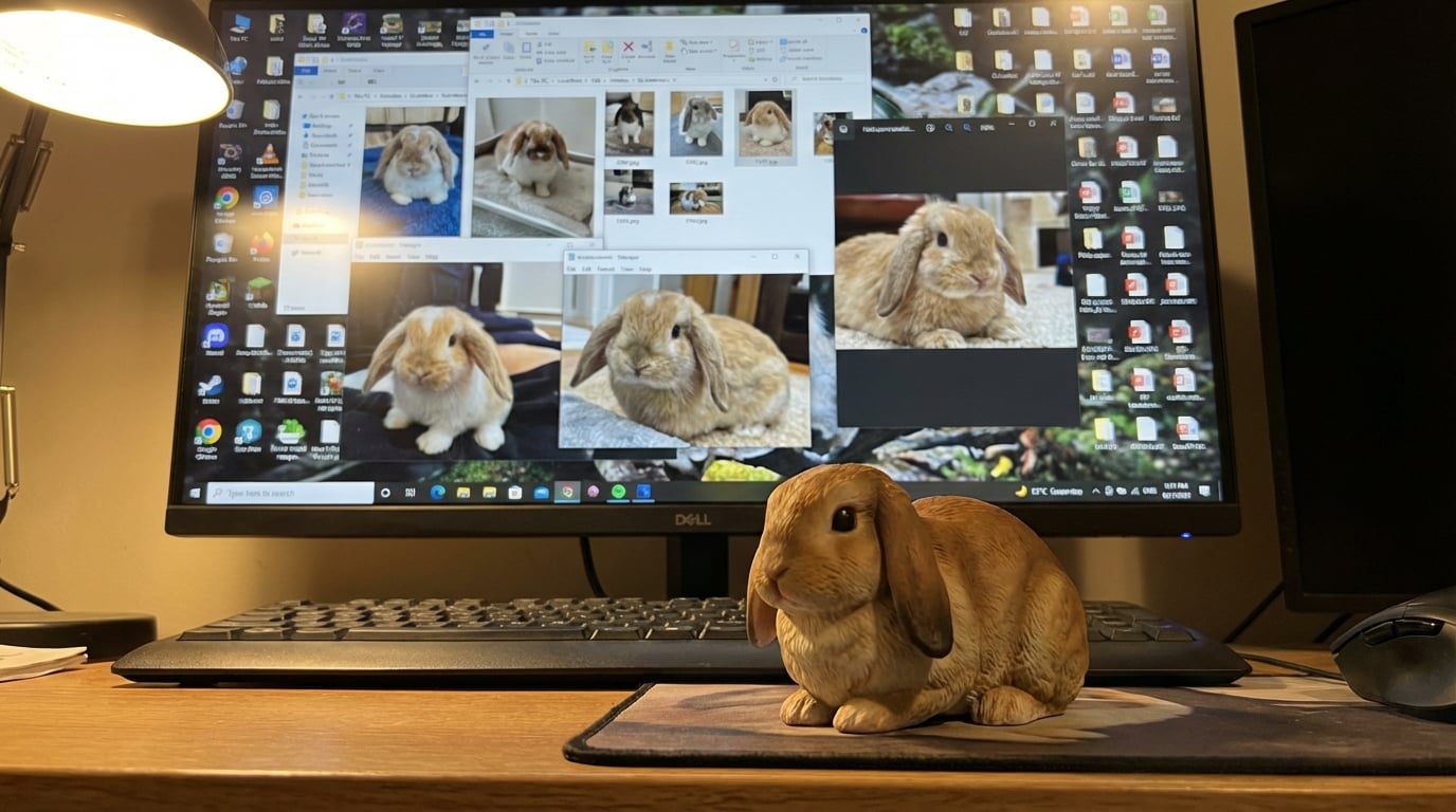 Cluttered computer screen behind a peaceful rabbit figurine