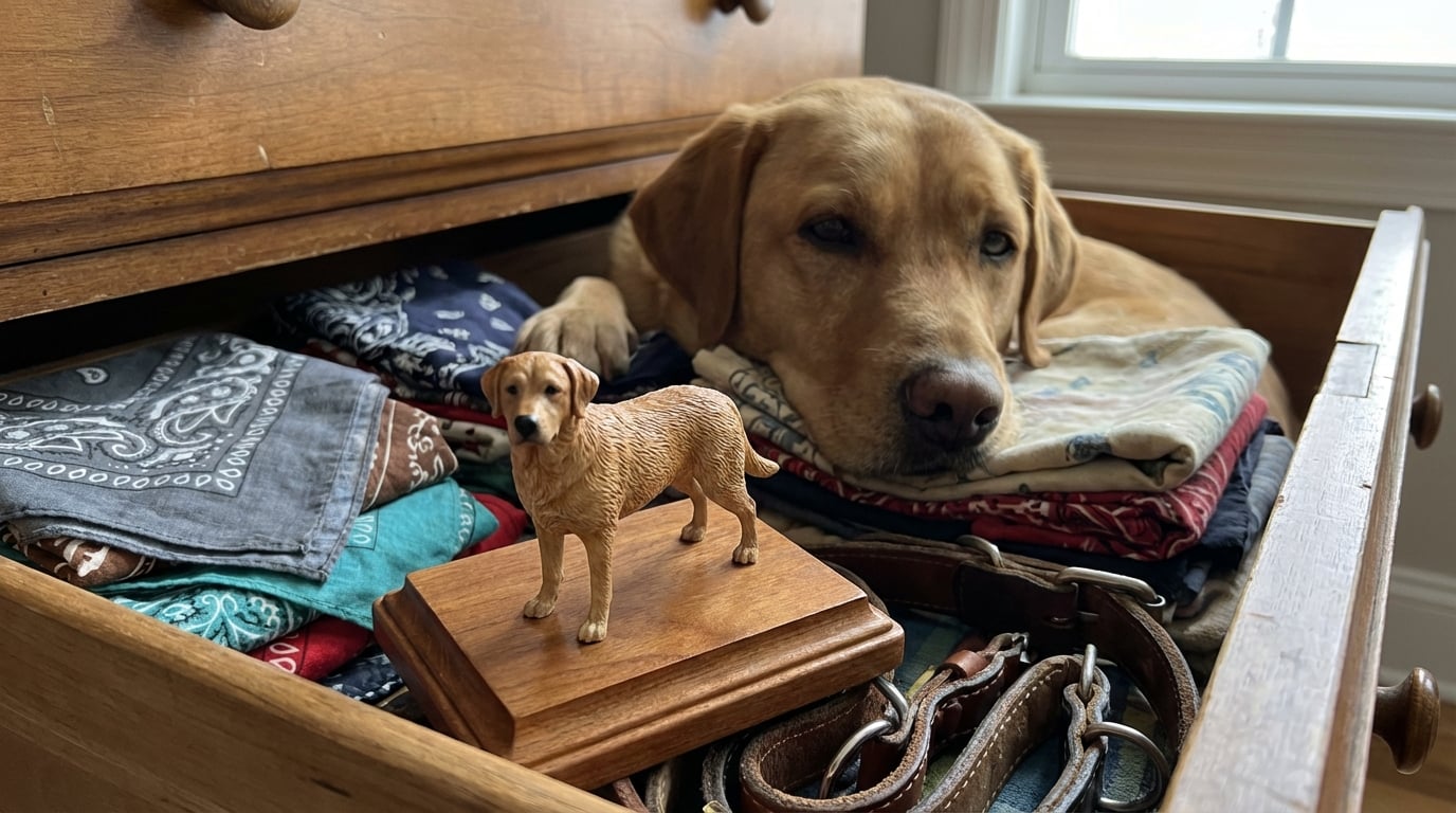 A Labrador resting its chin near a stack of bandanas with a figurine of itself on top.