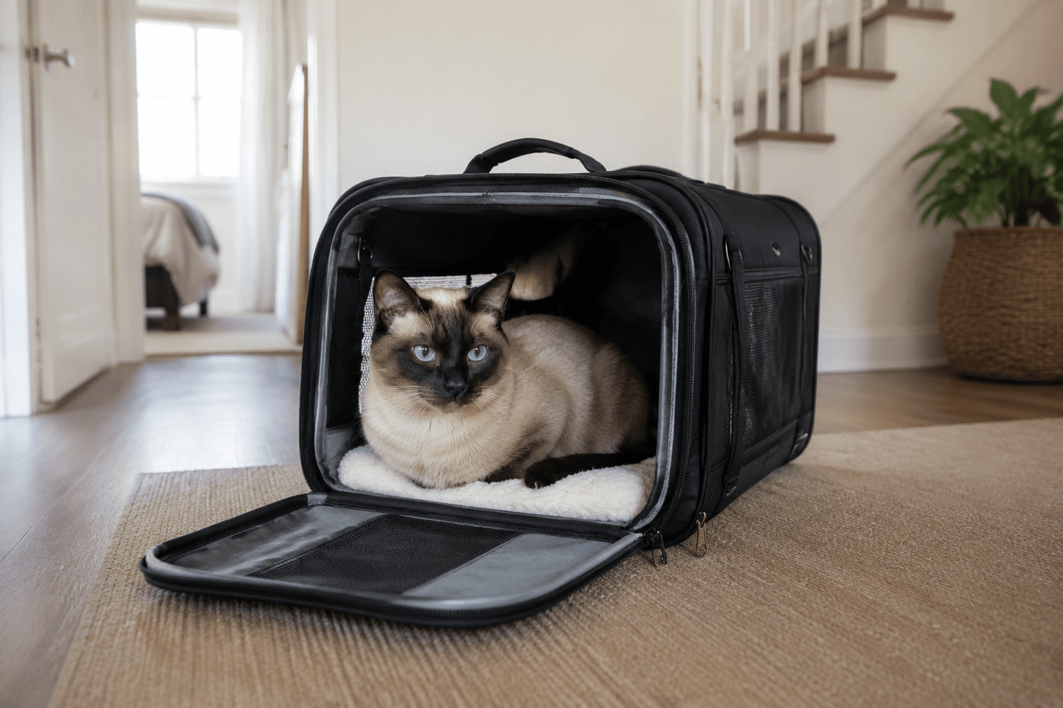 Calm Siamese cat sitting comfortably inside an open carrier in a bright home hallway before a vet visit