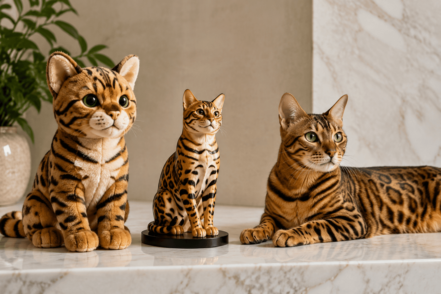 Side-by-side comparison on a marble shelf of a plush stuffed Bengal cat replica and a full-color 3D printed resin figurine with the real Bengal cat lounging nearby