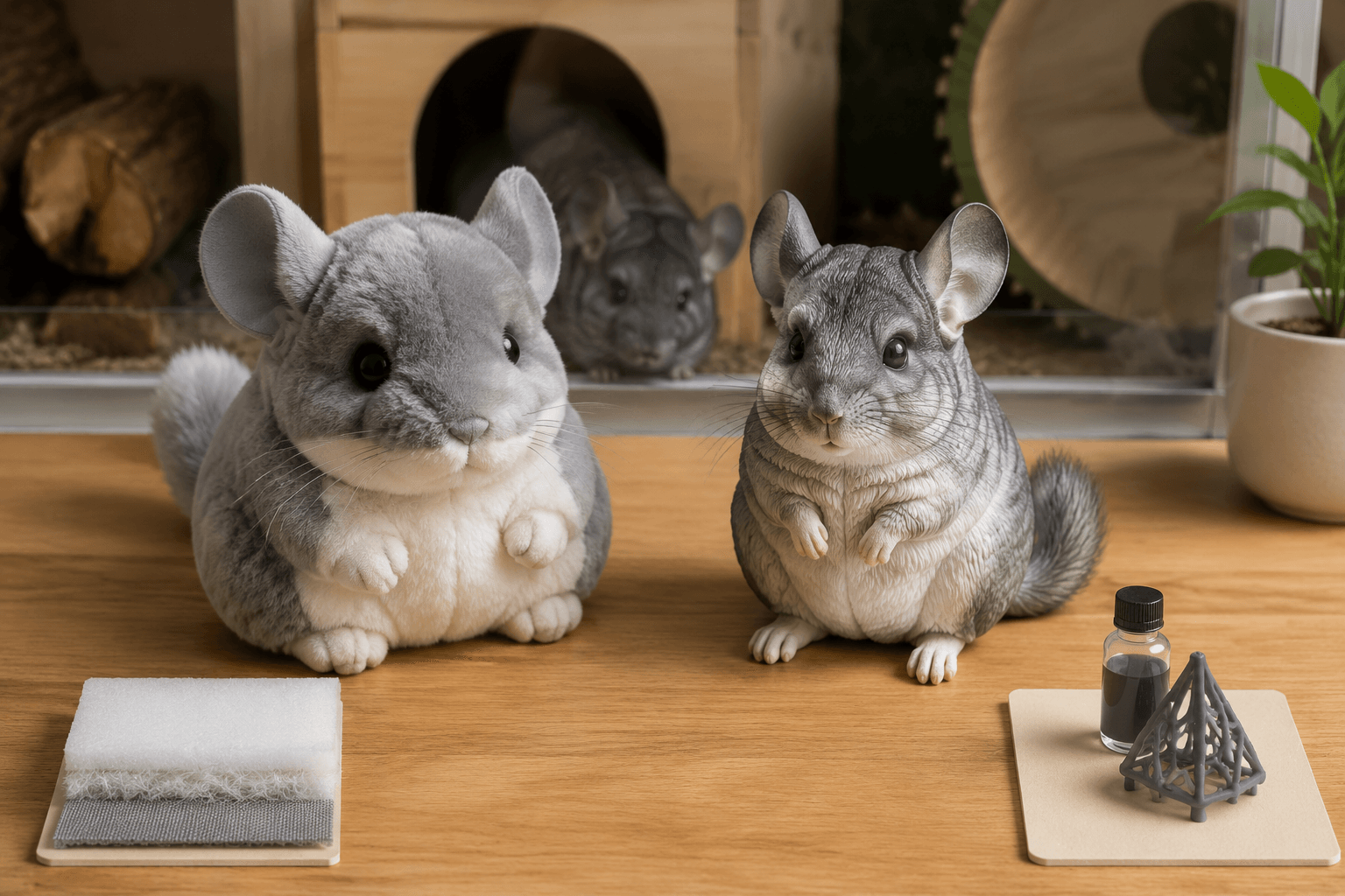 Side-by-side comparison of a stuffed chinchilla plush and a full-color 3D printed resin chinchilla figurine on a wood table