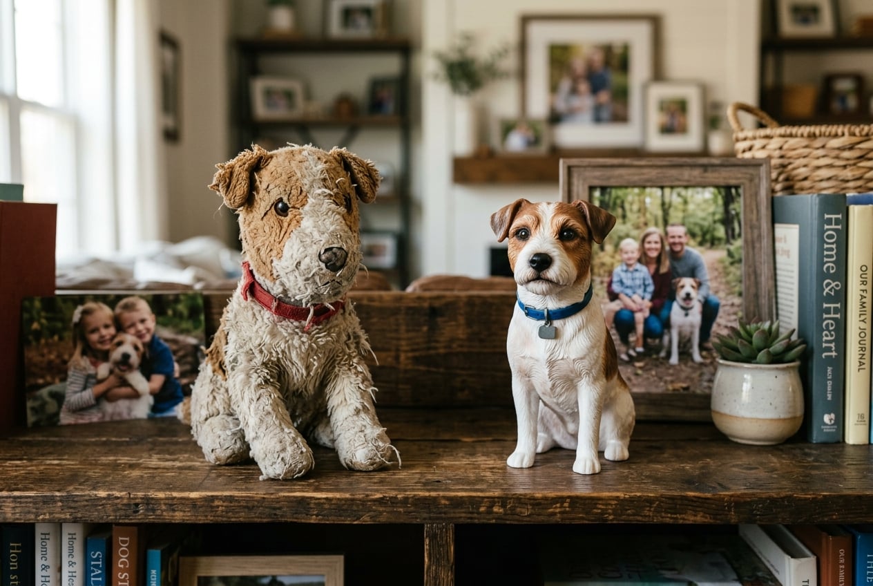 Worn stuffed animal compared to durable 3D printed figurine on shelf