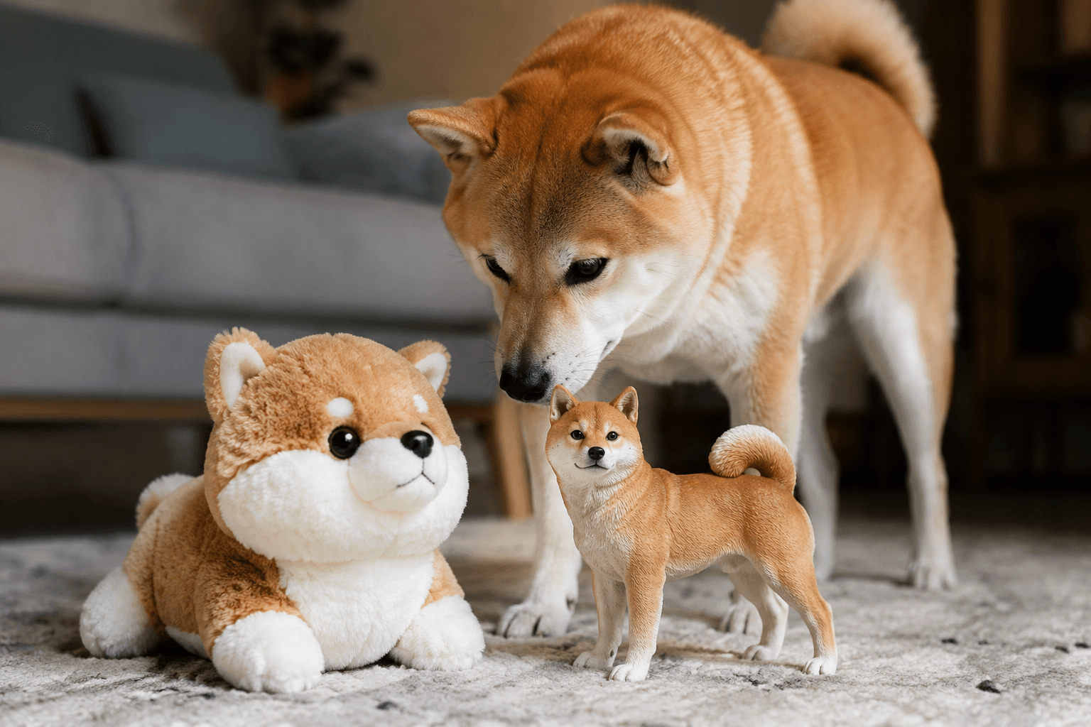 A real Shiba Inu inspecting a plush replica and its detailed full-color resin figurine on a cozy rug