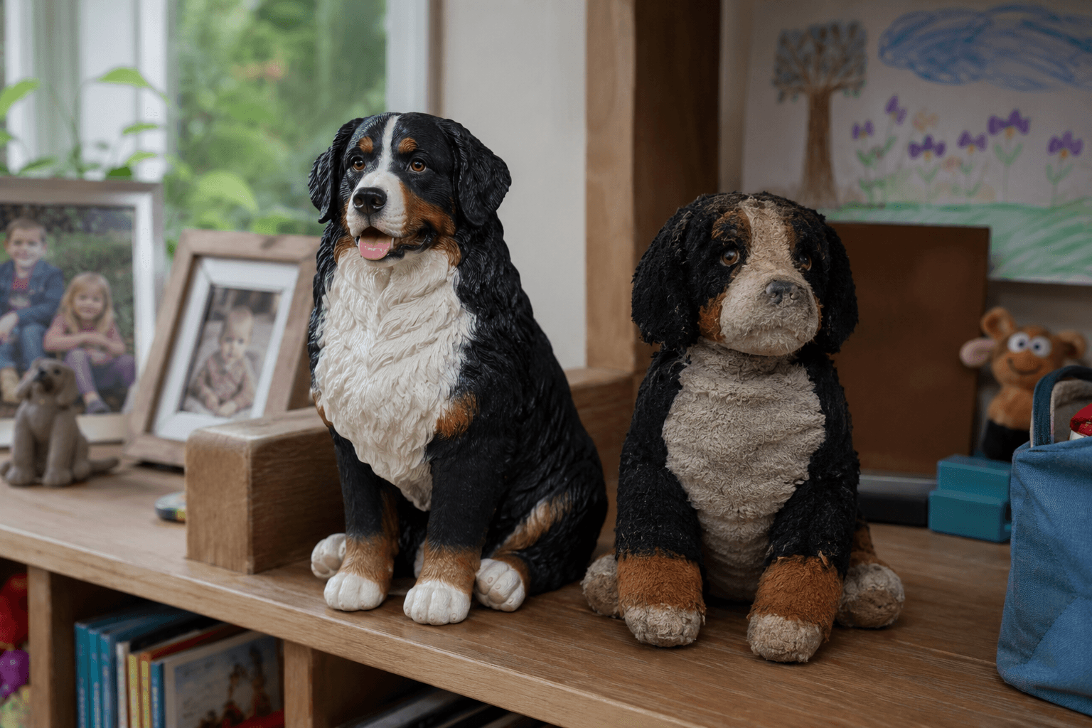 Pristine full-color 3D printed resin Bernese Mountain Dog figurine beside a worn stuffed replica showing years of use in a family home