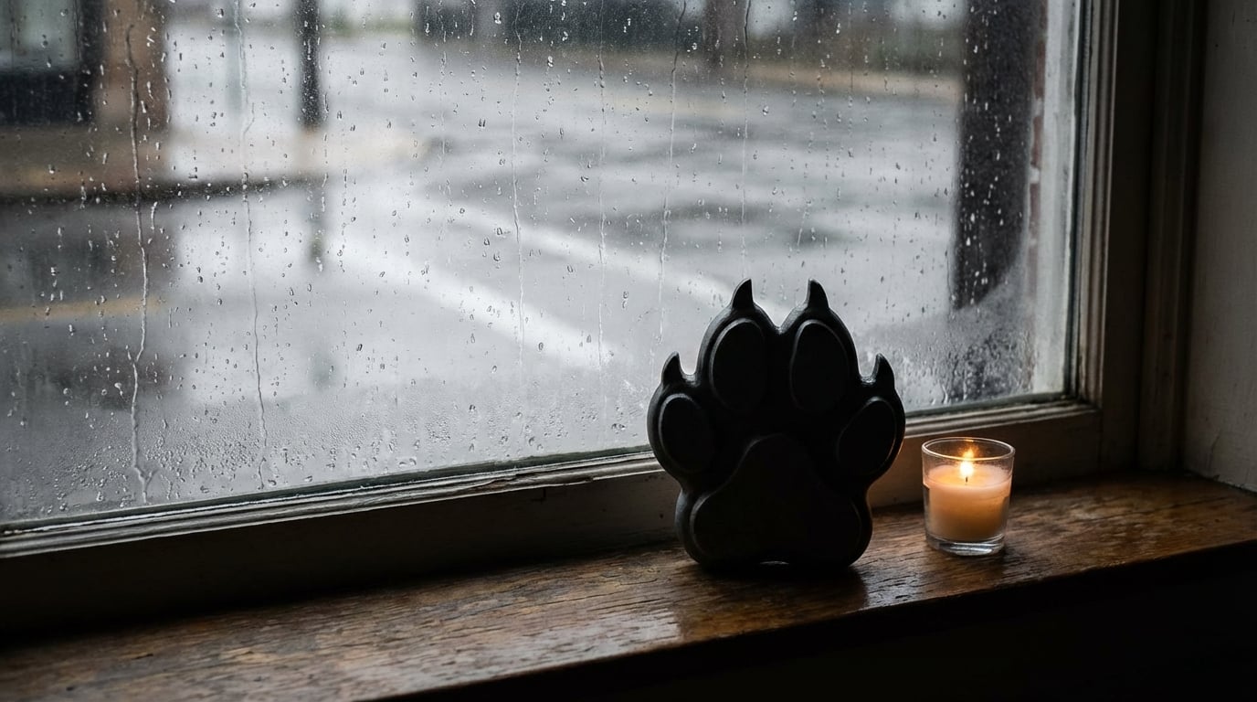 Silhouette of a Great Dane figurine against a rainy window.