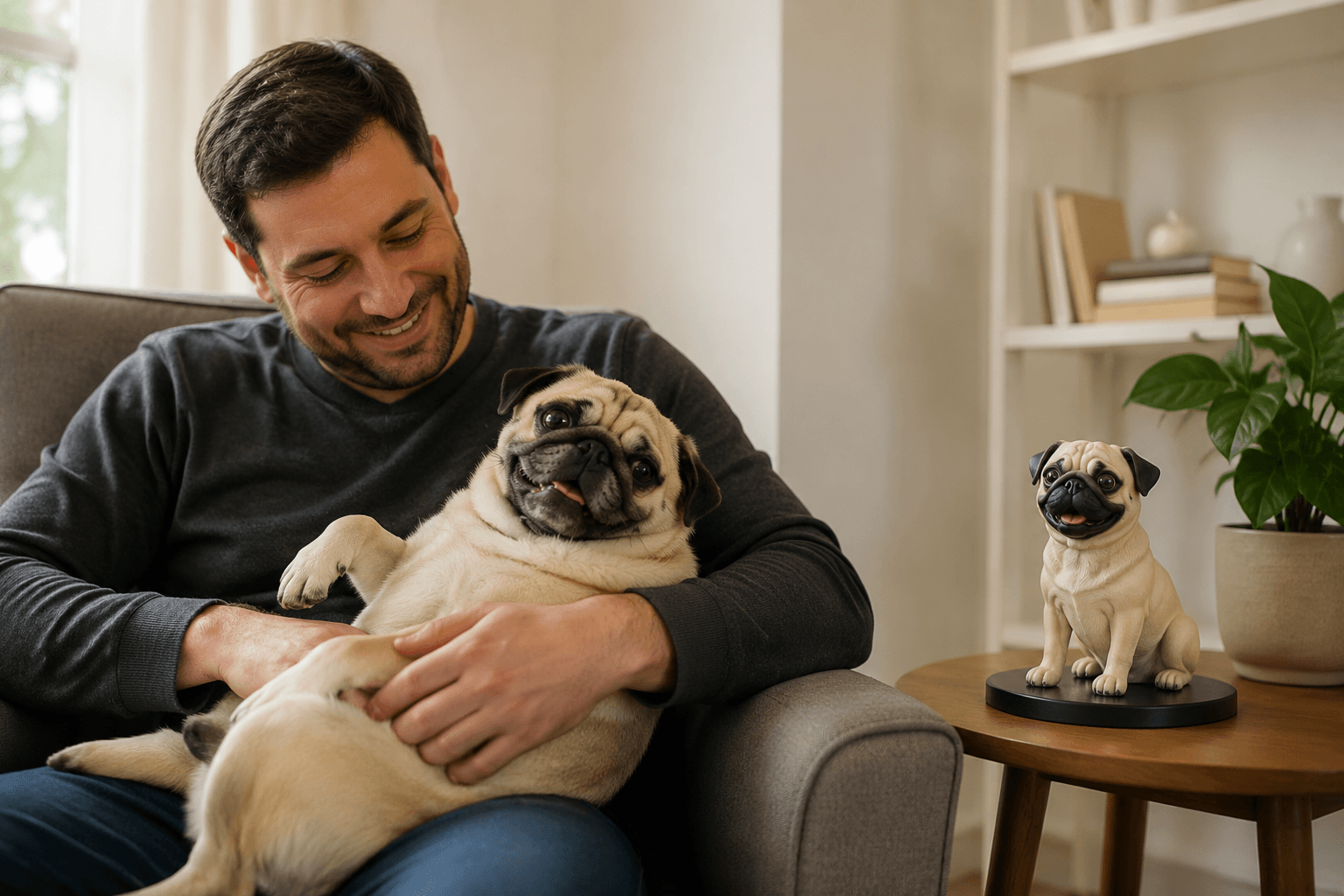 Pug curled on a man's lap in a softly lit living room with its full-color resin figurine on the side table