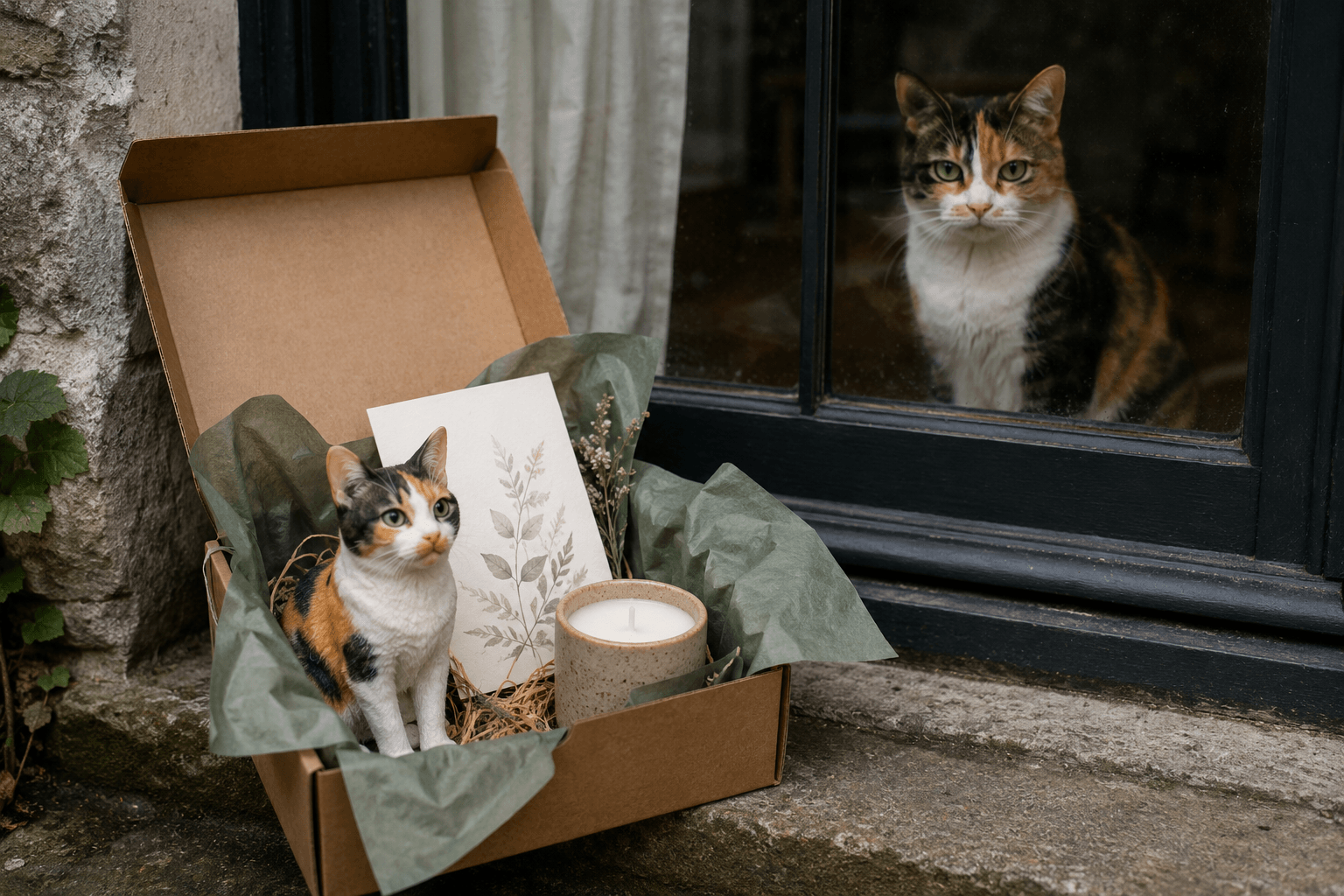 Gift box on a doorstep with a full-color 3D printed resin figurine of a calico cat, handwritten card, and candle, with a real calico cat visible through the window