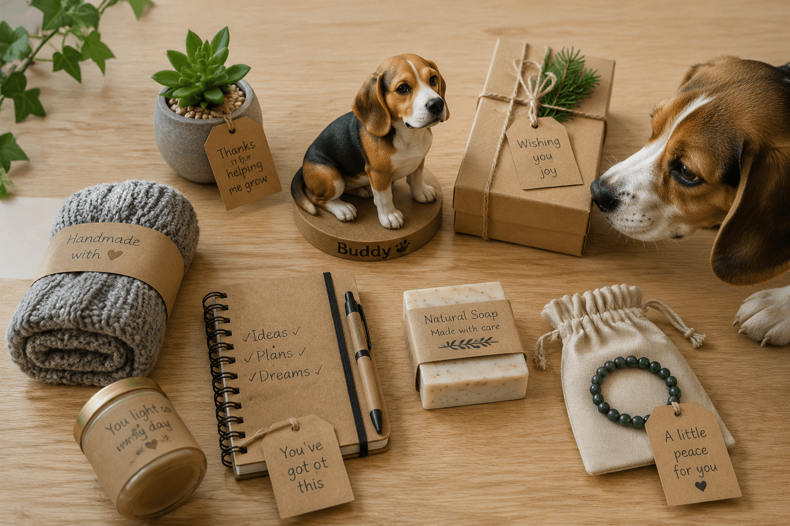 Flat-lay of affordable thoughtful gifts and a Beagle resin figurine with a real Beagle puppy nearby