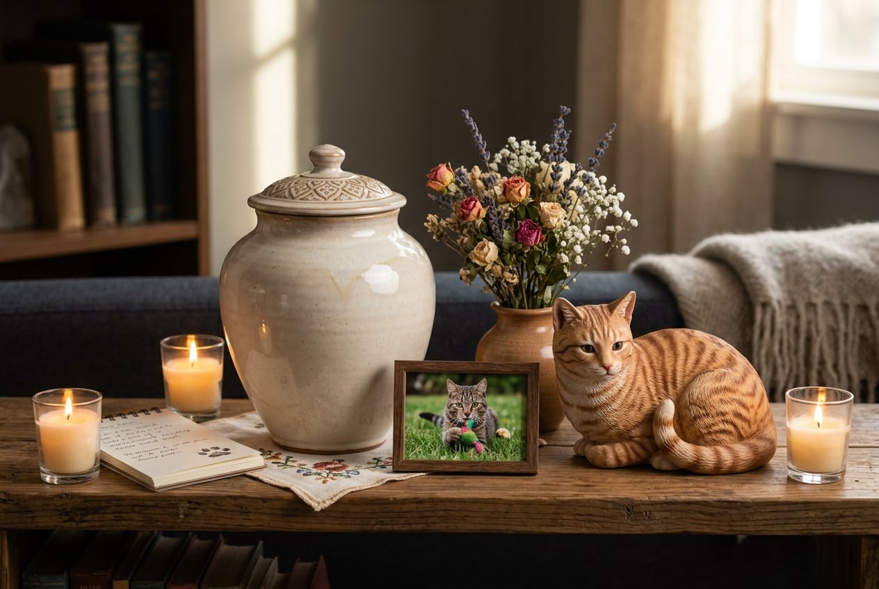 Tabby cat ashes container with figurine and cultural memorial elements