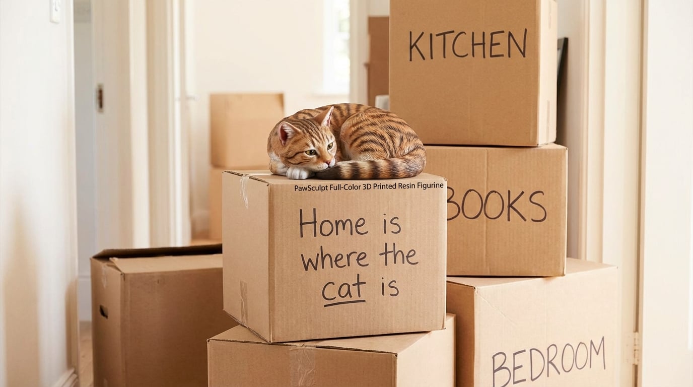 Tabby cat figurine sitting on moving boxes