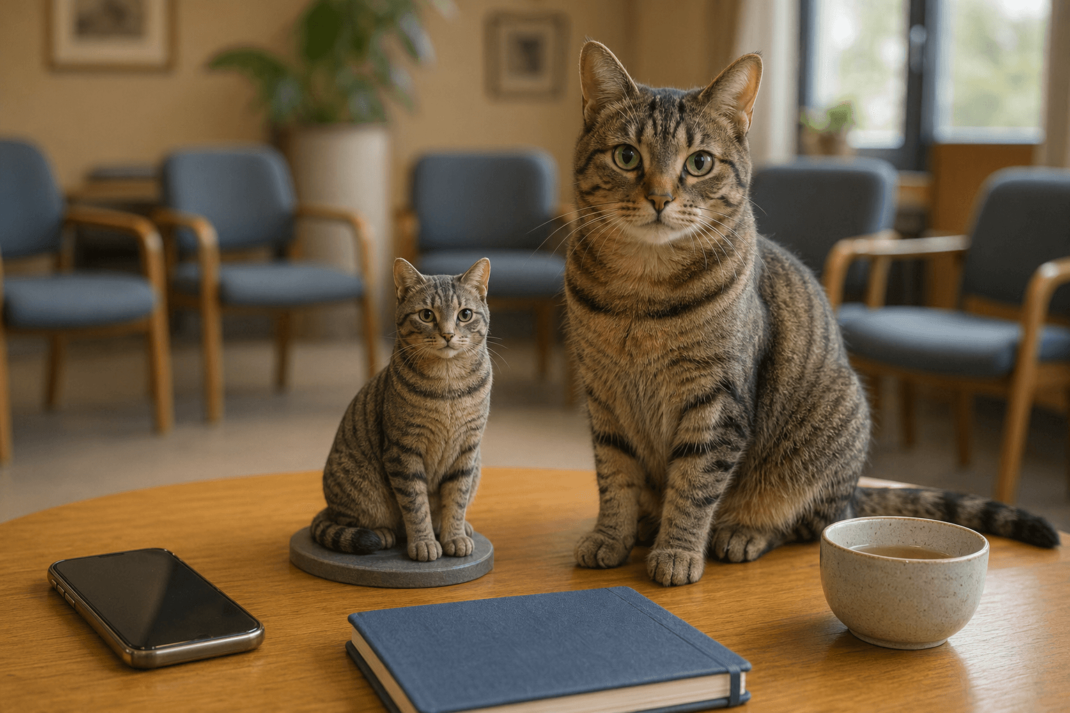 Tabby memorial figurine by a phone and notebook in a support-group themed editorial scene