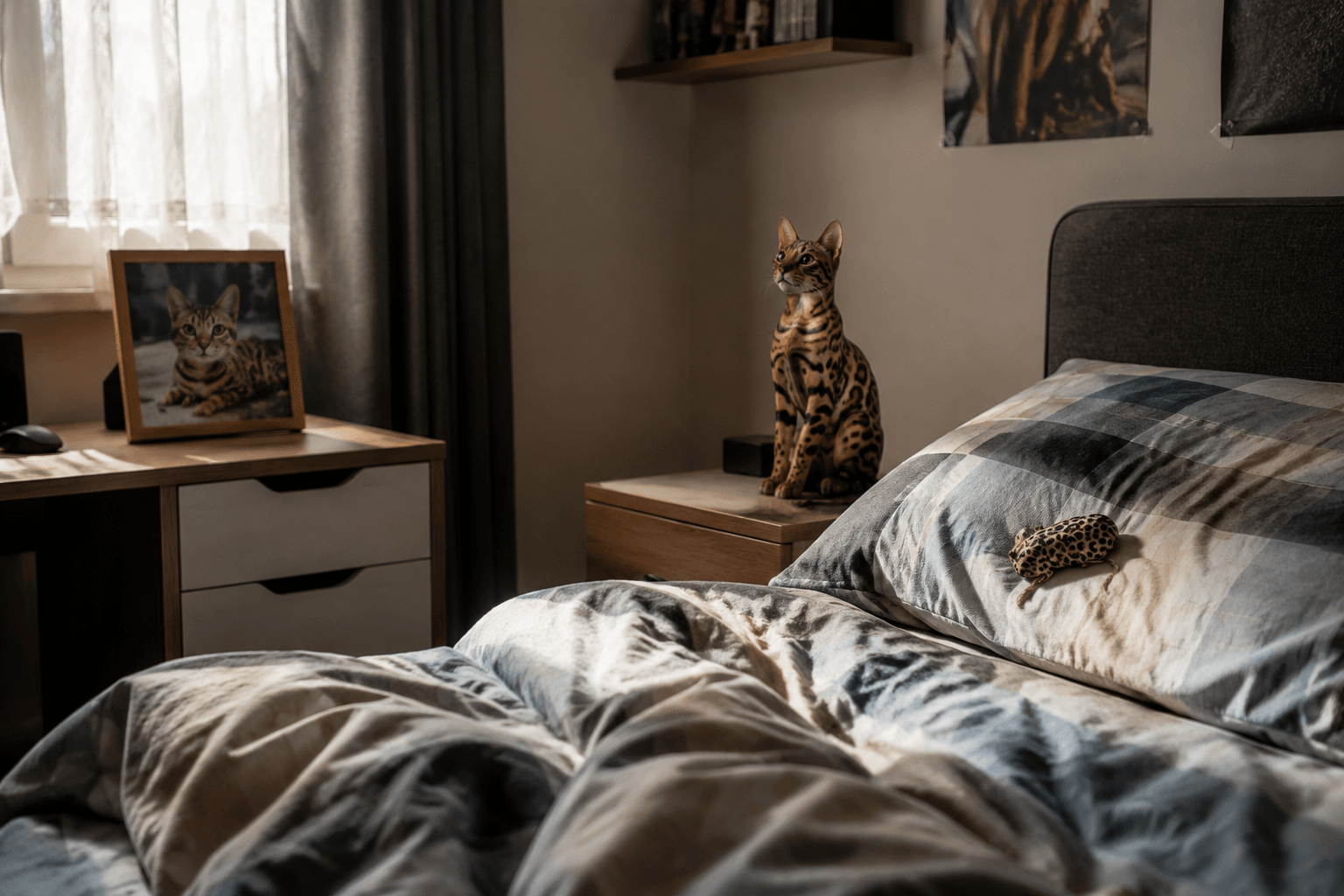 Teenager's bedroom with Bengal cat toy on pilow, full-color 3D printed resin Bengal figurine on nightstand, and framed cat photo on desk