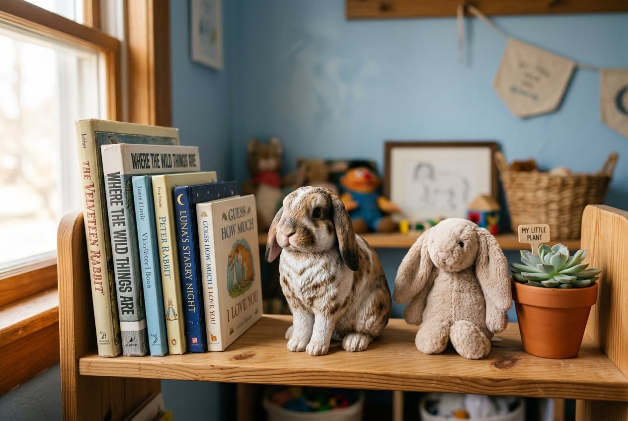 Full-color 3D printed resin figurine of a lop-eared rabbit on a child's bedroom shelf with books and a stuffed toy nearby