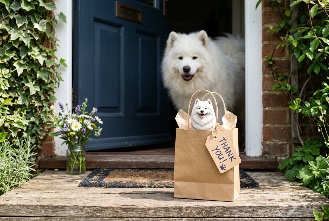 Thank-you gift on a doorstep with a full-color 3D printed resin Samoyed figurine and a real Samoyed peeking from the door