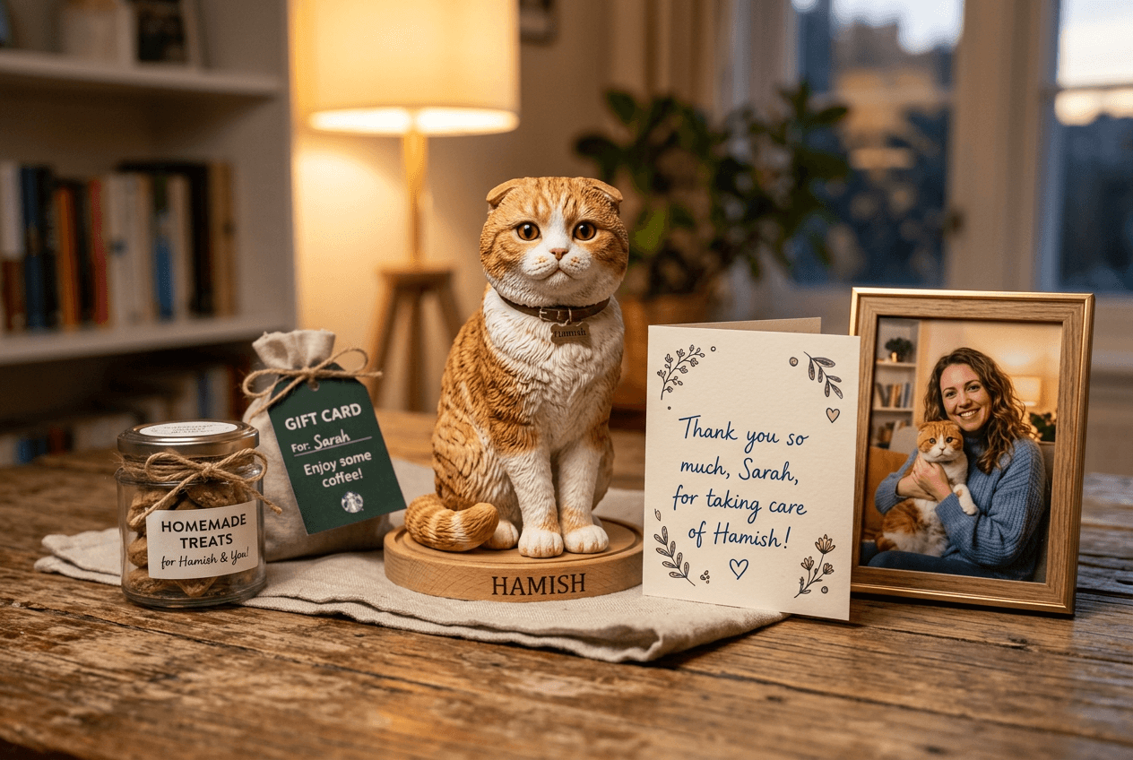 Scottish Fold 3D figurine with thank you card, photo of sitter with real cat, and appreciation gifts
