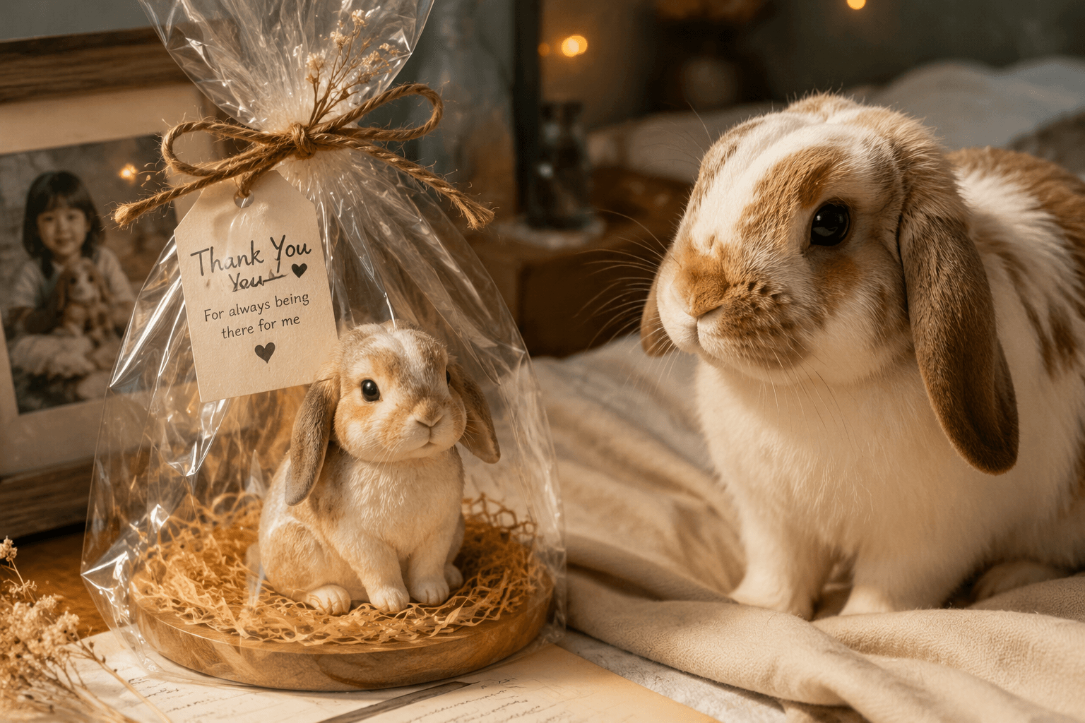 A soft lop-eared Rabbit's full-color resin figurine gift-wrapped beside the real rabbit and a childhood photo