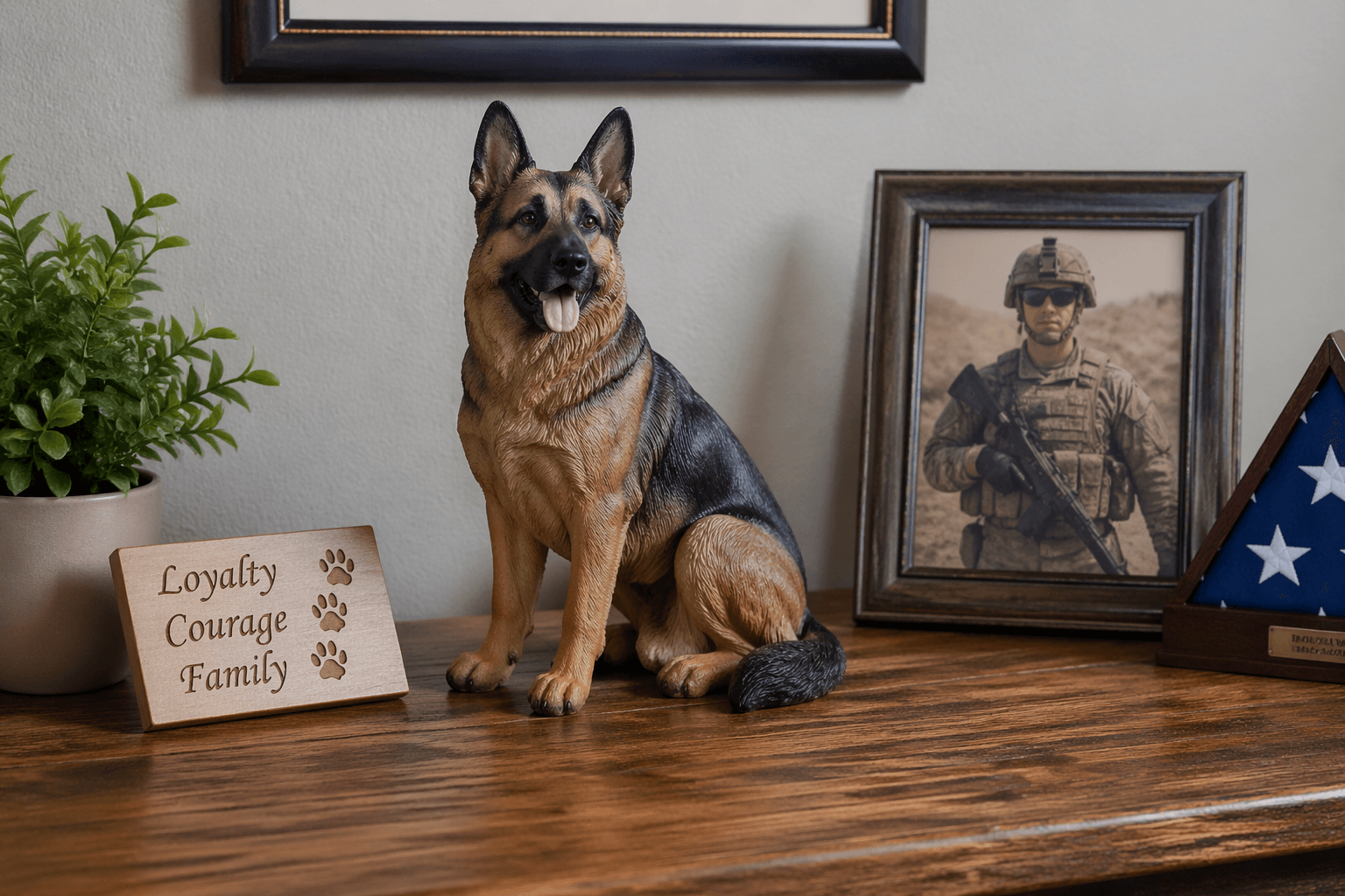 Housewarming display with German Shepherd figurine and deployed father's photo