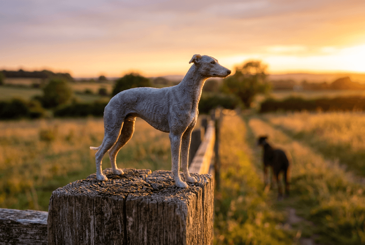 3D printed greyhound figurine on a fence post with a real dog walking in the distance at sunset.