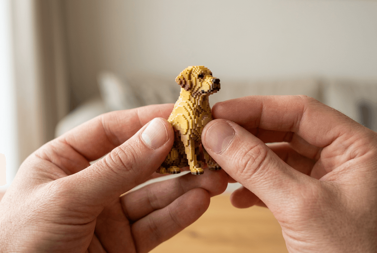 Hands exploring the texture of a custom 3D printed Labrador figurine.