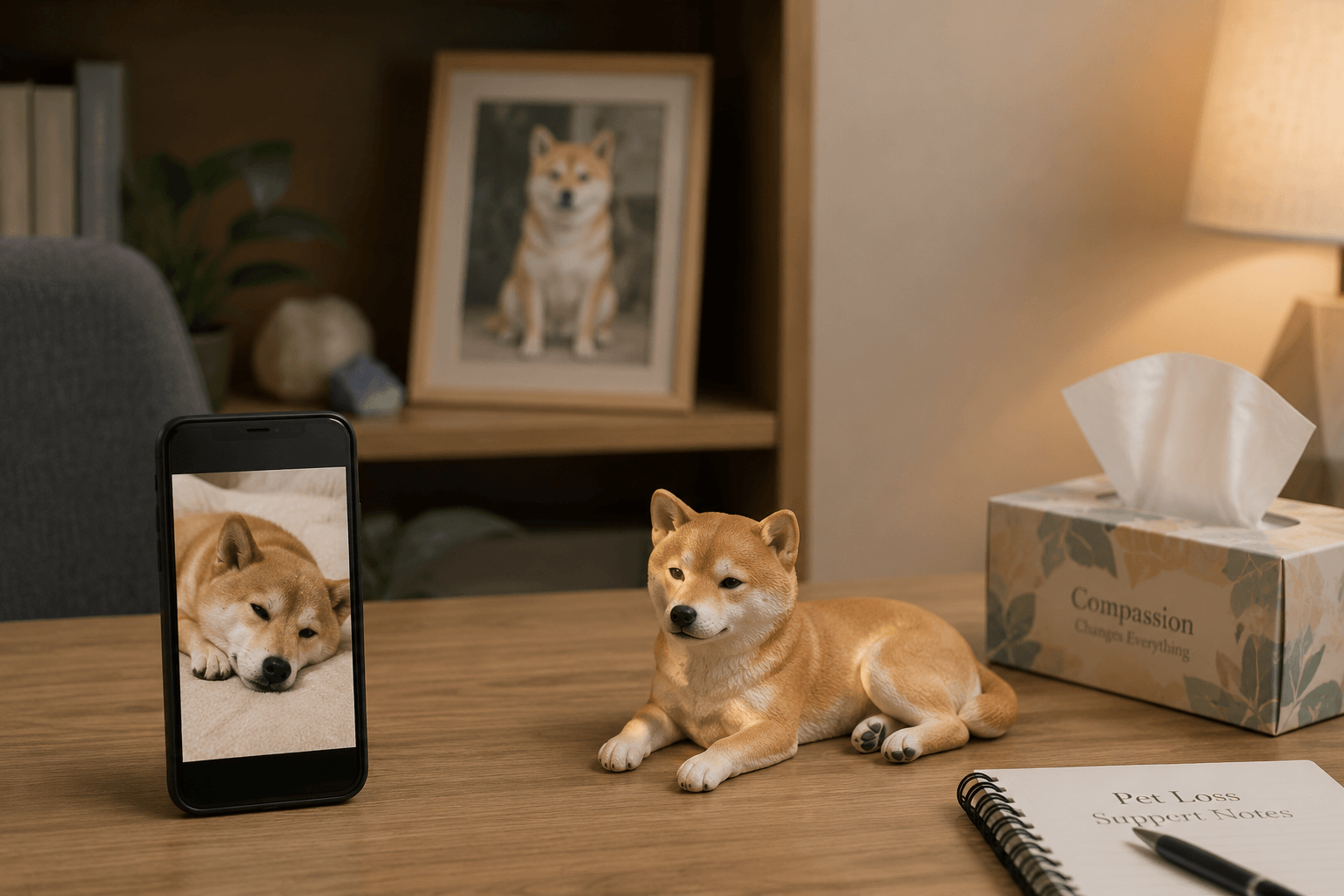 A phone showing a Shiba Inu photo and a Shiba Inu resin figurine on a calm therapy-office table